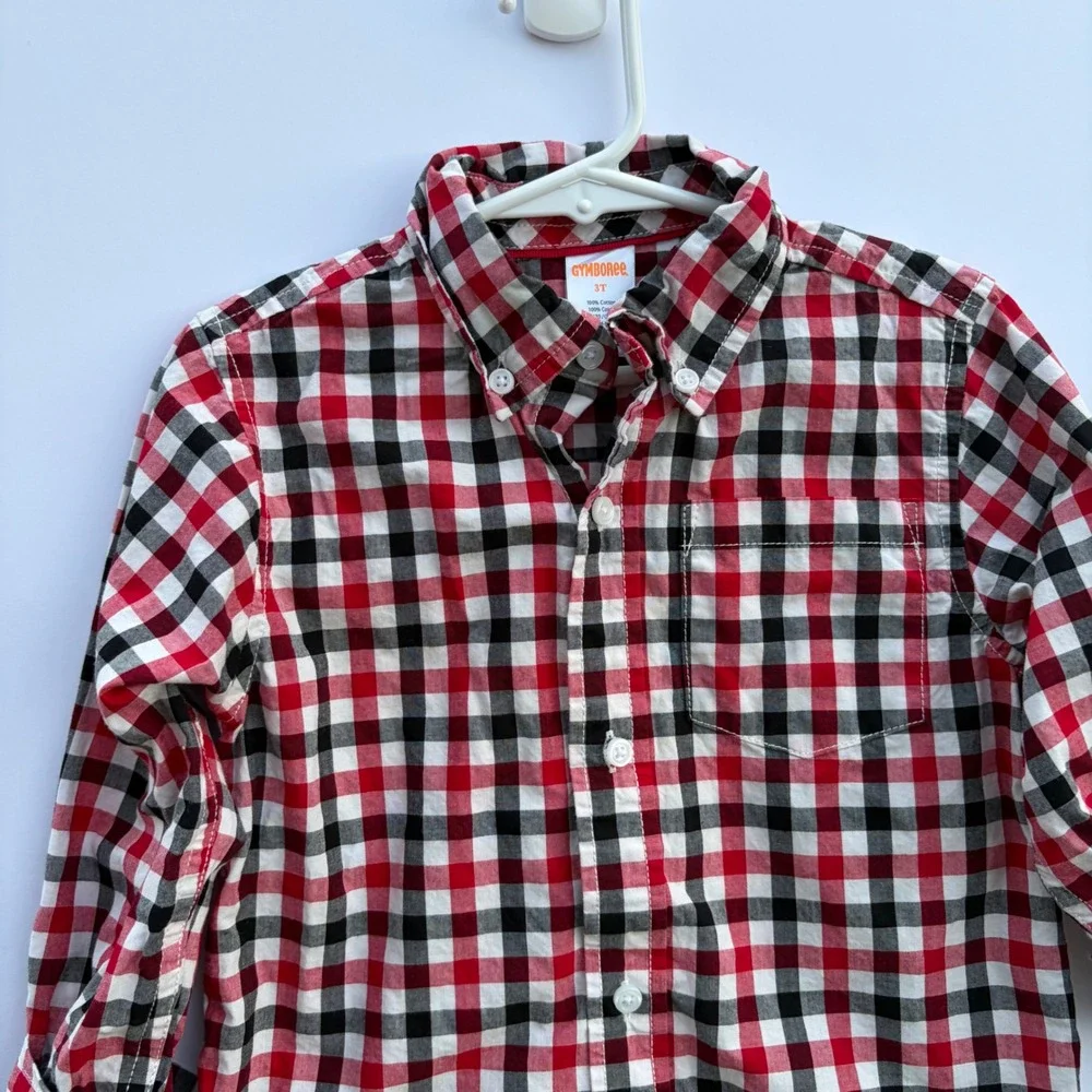 Gymboree Boys 3T Red Black Plaid Button‎ Down Shirt Long Sleeve Cotton 140135367
